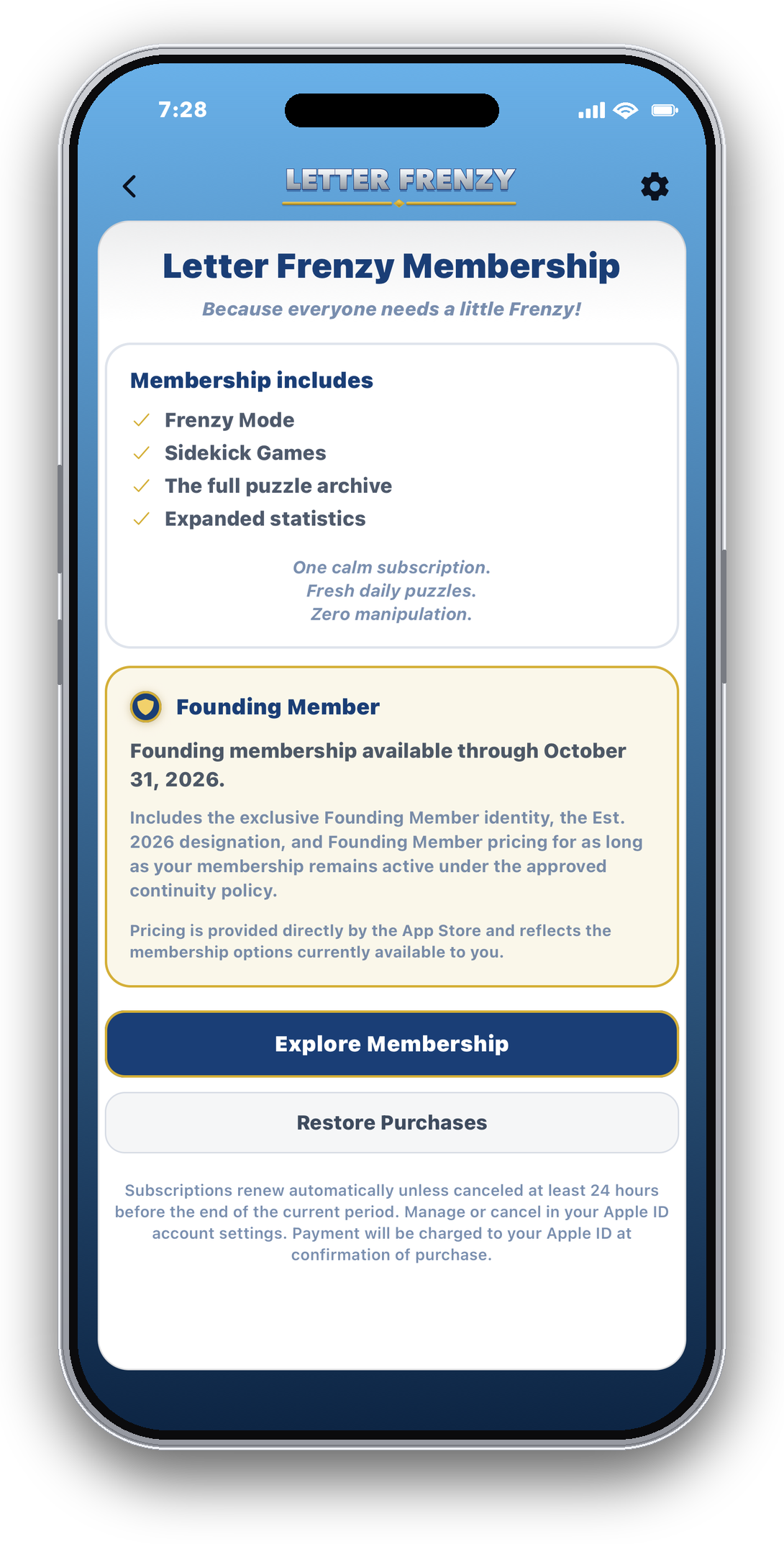 Letter Frenzy membership screen
